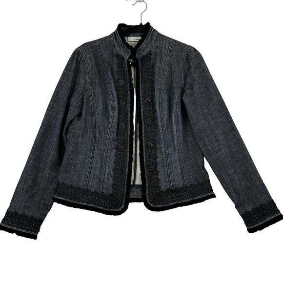 Chico's Jackets & Blazers - Chico's Platinum Jean Jacket Size M Blue Embellished Black Lace Velvet Stretch